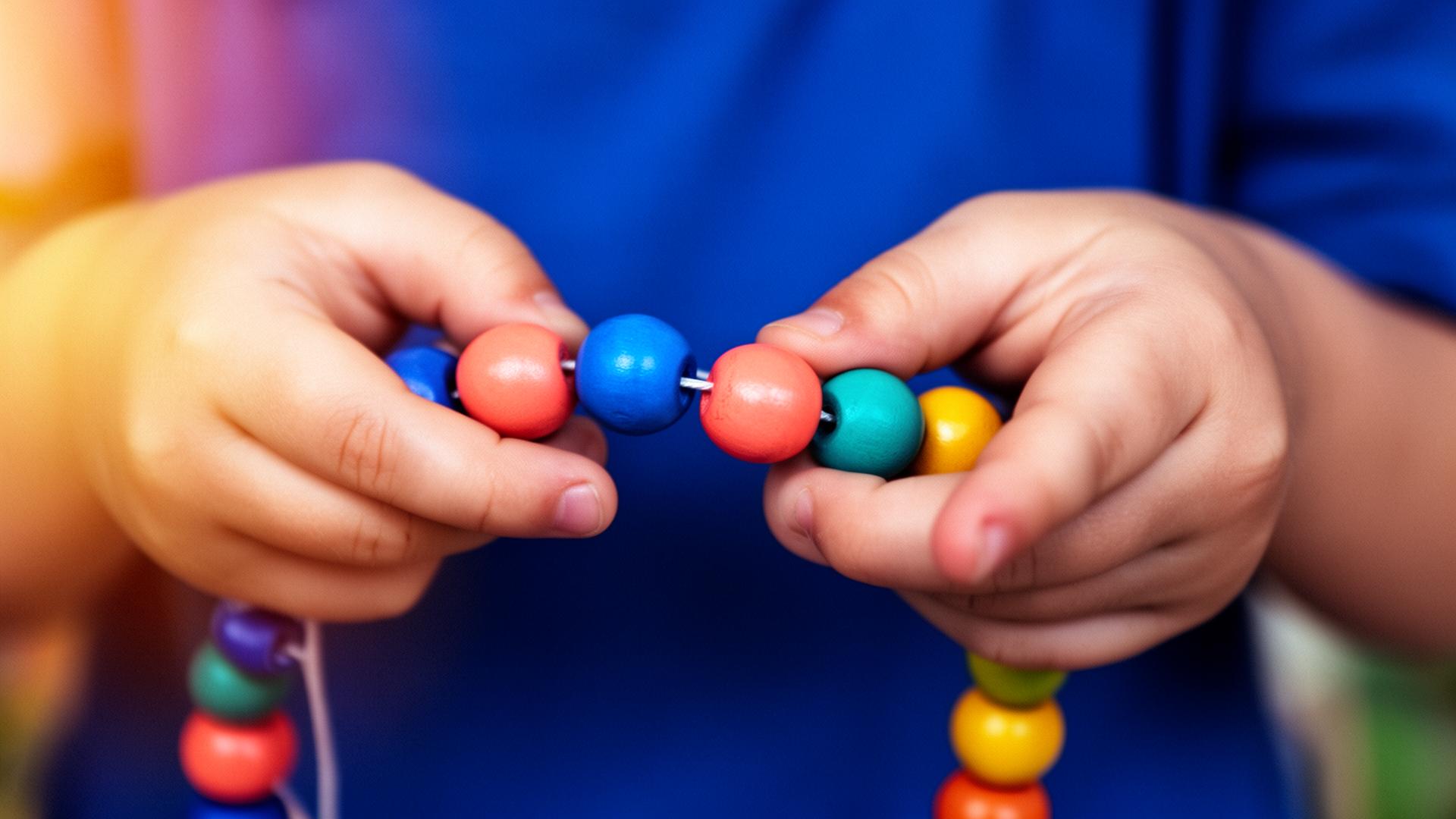 Mãos de criança montando colar de contas